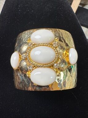 Vintage RJ Graziano Gold-Tone Hammered Cuff with White Cabochons & Rhinestones